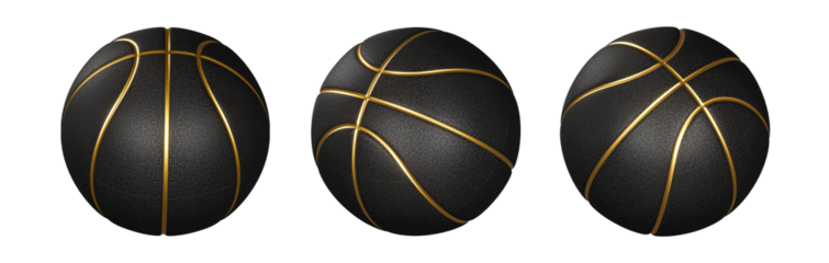 Black basketball ball with golden lines, transparent background