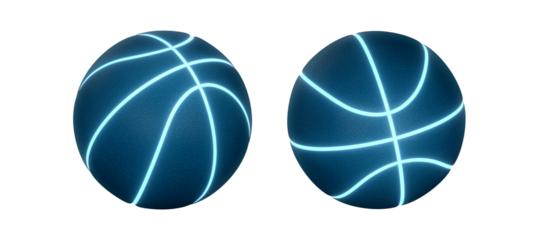 Blue basketball with bright glowing neon lines, transparent background