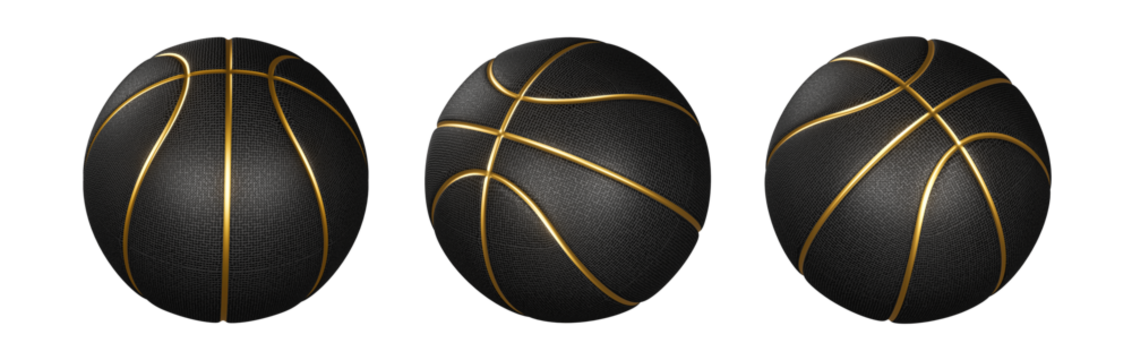 Black basketball ball with golden lines, transparent background