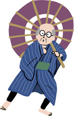 着物を着て傘を持って歌舞伎のポーズをするおじいさん