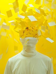 selfish word and a head man records floating vertically with depth of field in a white background bright photographic cinematic  with yellow backgroun - obrazy, fototapety, plakaty