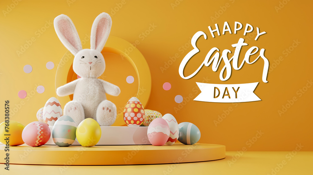 Wall mural colorful happy easter day background with white rabbit doll and multi color eggs pattern on simple p