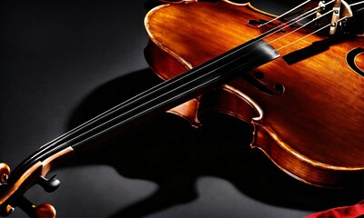 a full-length violin lies on a black background