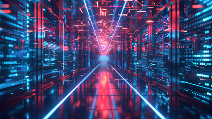 High-Speed Data Center with Futuristic Blue and Red Lights
. The corridor of a high-speed data center isilluminated by dynamic blue and red lights, representing fast data transfer and advanced network - obrazy, fototapety, plakaty
