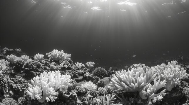 A black and white image of a coral reef provides a stark contrast with the bleached sections standing out against the stillvibrant corals.