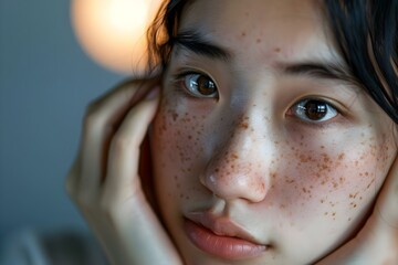 An Asian woman looks concerned as she touches her face with dark spots possibly melasma or freckles. Concept Skin Concern, Melasma, Freckles, Asian Woman, Concerned Expression