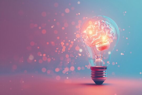 A lightbulb with a glowing brain inside,with confeti  minimal pastel gradient background