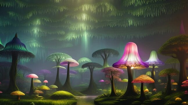 animation, motion effect, amazing group of glowing mushrooms, size 3880x2160, 60fps
