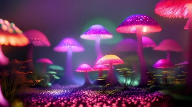 animation, motion effect, amazing group of glowing mushrooms, size 3880x2160, 60fps