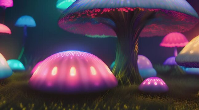 animation, motion effect, amazing group of glowing mushrooms, size 3880x2160, 60fps