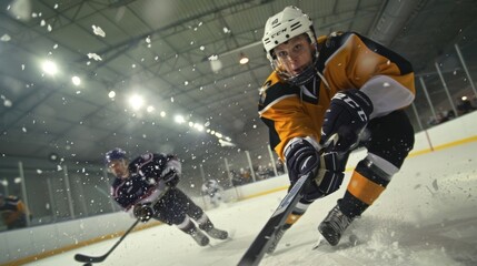 The determination in a players eyes as they chase after a loose hockey puck.
