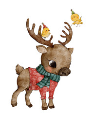 Christmas deer hand drawn watercolor Illustration for kids