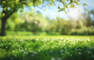 Fototapeta na wymiar Beautiful blurred background of spring nature with green grass and trees on the lawn in park or garden under blue sky