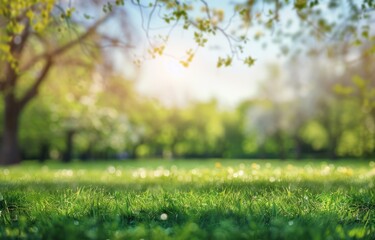 Beautiful blurred background of spring nature with green grass and trees on the lawn in park or garden under blue sky