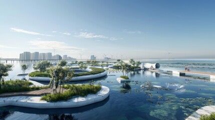 Fototapeta na wymiar Modern coastal cityscape background created with Generative AI Technology