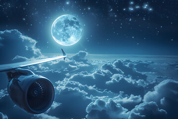 Creative design for Eid celebration with a moon being propelled by an airplane engine in a dreamlike atmosphere.
