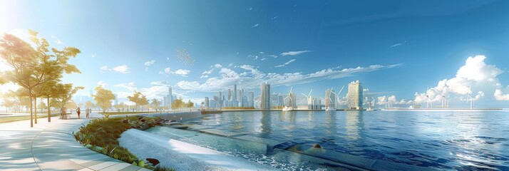 Modern coastal cityscape background created with Generative AI Technology - obrazy, fototapety, plakaty