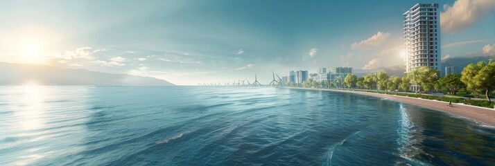 Modern coastal cityscape background created with Generative AI Technology - obrazy, fototapety, plakaty