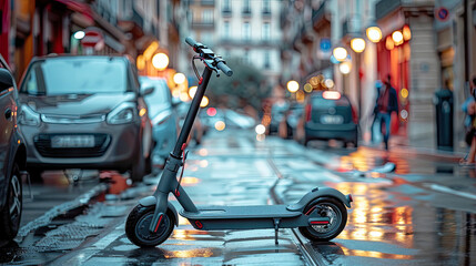 A modern electric scooter next to a car on a city street.