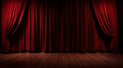 backdrop long red curtain background cloth to show the concert event with a dark atmosphere and an empty wooden floor created with Generative AI Technology