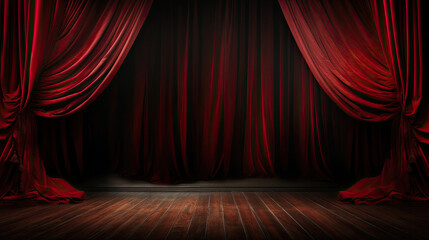 backdrop long red curtain background cloth to show the concert event with a dark atmosphere and an empty wooden floor created with Generative AI Technology