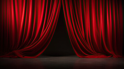 backdrop long red curtain background cloth to show the concert event with a dark atmosphere and an empty wooden floor created with Generative AI Technology - obrazy, fototapety, plakaty