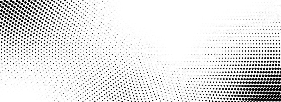 Radial halftone comic texture. Abstract circle dotted lines background. Black pop art dot gradient backdrop. Retro grunge cartoon for poster, overlay, cover, print. Vector noise pattern wallpaper