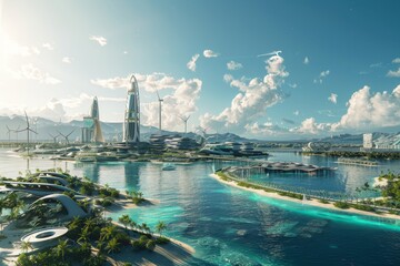 Modern coastal cityscape background created with Generative AI Technology - obrazy, fototapety, plakaty