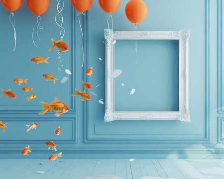 photography of Vintage frame standing in the middle of blue living room with abstract gold fishes swimming, color powder exlodes through the frame, chaos balloons flying above