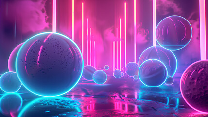 Neon Spheres with Light Beams in Purple Room
. The surreal scene with translucent neon-lit spheres and vertical light beams on a reflective purple surface.
