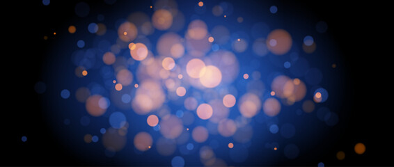 Blur gold bokeh on blue background. Golden blurred effect wallpaper. Abstract shiny glitter, sparks and sparkles. Glowing navy backdrop for Christmas, New Year or birthday card, poster, banner. Vector © vika_k