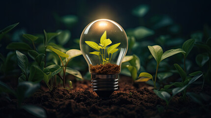Blooming and Flowering plant growing inside a bright light bulb symbolizes eco-friendly green technology environment and innovation for sustainable business created with Generative AI Technology - obrazy, fototapety, plakaty