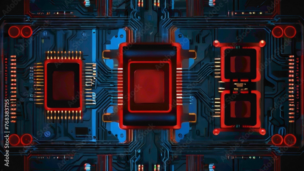 Fototapete technology background in deep red and blue color with text copy space and the burst of electricity a