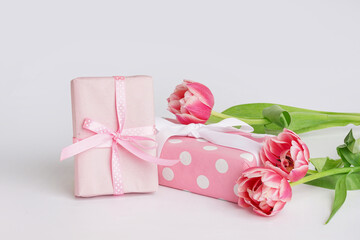 Gift boxes with beautiful tulip flowers on white background