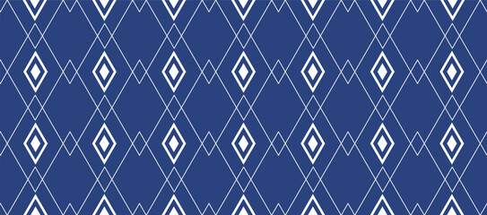 Geometric fabric abstract seamless pattern on blue background. geometric abstract complex with compounds. for vector fashion geometric fabric design. carpet, wallpaper, clothing, wrapping, fabric.