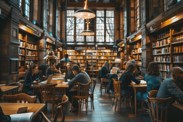 Students Engaged in Studies at a Cozy and Traditional Library Hall