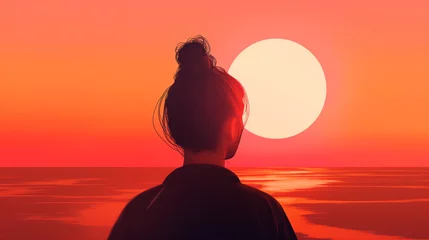  Mulher olhando o por do sol com cores vermelho  - Ilustração © Vitor