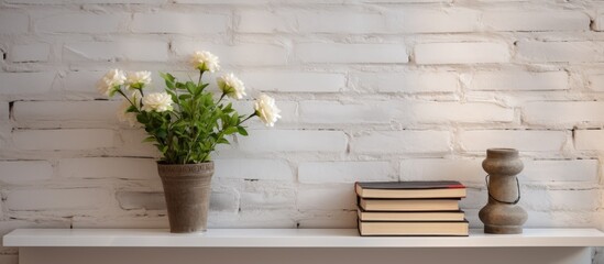 A plant with colorful petals is housed in a flowerpot on a wooden shelf next to a stack of books. A vase of flowers sits nearby, bringing life to the room