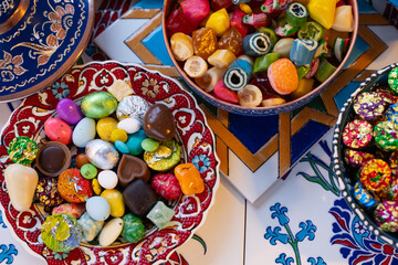Fototapeta na wymiar Colorful Candy and Chocolate, Ramadan Kareem Concept Photo, Uskudar Istanbul, Turkiye (Turkey)