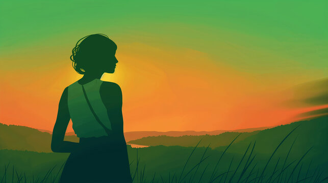Mulher olhando o por do sol com cores verde - Ilustração