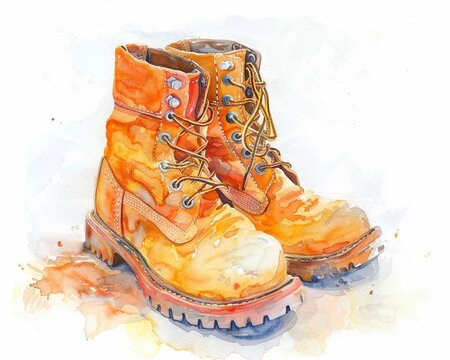 watercolor orange boots, detailed painting clip art preview