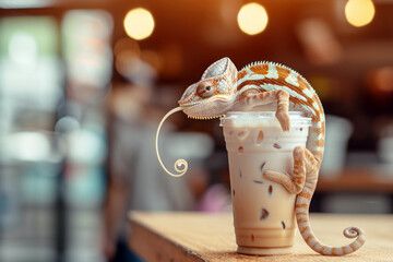 Coffee colored chameleon perched on an iced drink in a coffee shop