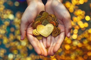 Charitable Giving Concept with Hands Holding Heart-Shaped Golden Coins