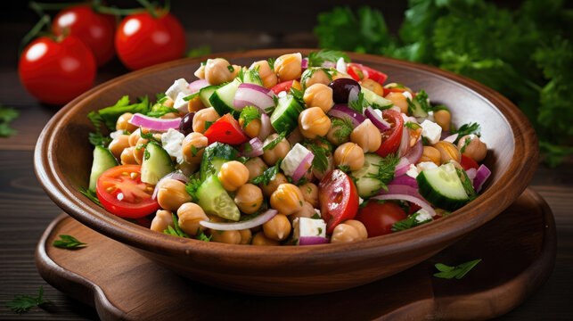 Summer Mediterranean chickpea salad served with fresh tomatoes, crunchy cucumbers, bell peppers, red onions, feta, parsley and lemon vinaigrette created with Generative AI Technology