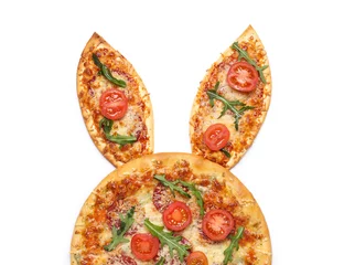 Keuken spatwand met foto Easter tasty pizza with bunny ears isolated on white background © Pixel-Shot
