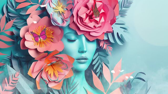 collection of contemporary abstract art posters. woman face illustration with flowers paper cut decoration on pastel blue background. seamless looping overlay 4k virtual video animation background