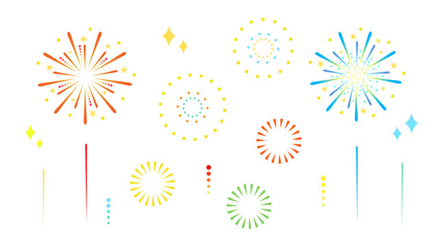 シンプルでカラフルな打ち上げ花火のイラストセット