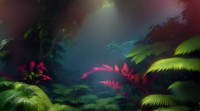 animation, motion effect, lush, neon-lit forest, size 3880x2160, 60fps