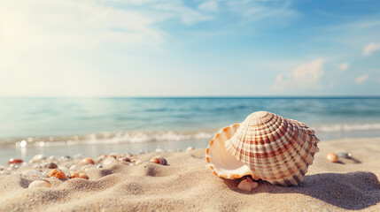 Fototapeta na wymiar Single big seashell conch on sand beach on sunny day with beach waves background created with Generative AI Technology