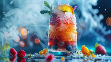 Mystical Smoky Cocktail with Fruits and Berries - obrazy, fototapety, plakaty